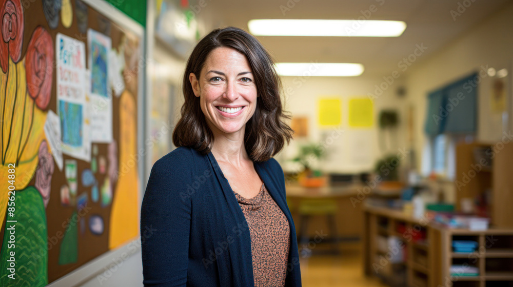 A woman is smiling in front of a bulletin board A woman is smiling in front of a bulletin board