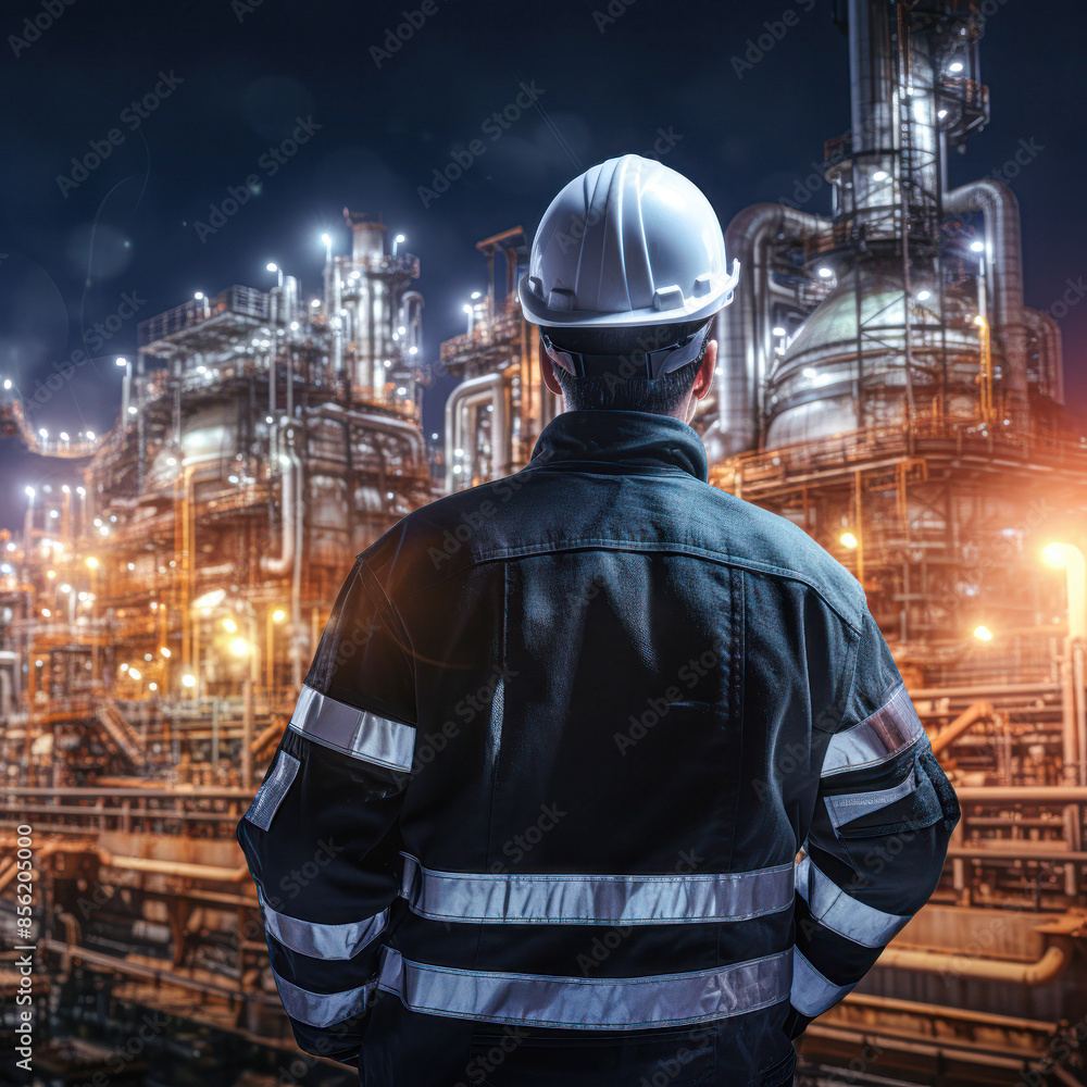 A man in a reflective jacket stands in front of a large industrial plant A man in a reflective jacket stands in front of a large industrial plant