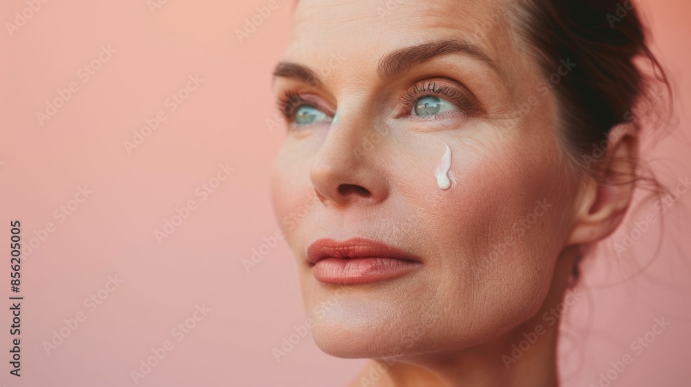 A close-up of a woman with a single tear on her cheek her eyes looking off to the side against a soft pink background. A close-up of a woman with a single tear on her cheek her eyes looking off to the side against a soft pink background.