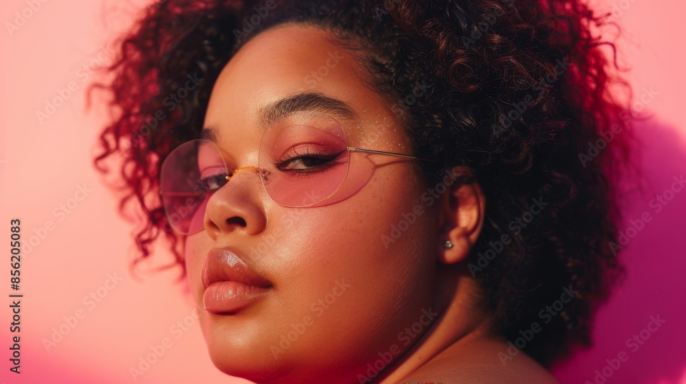A person with curly hair and glasses wearing a pinkish-red lip color looking to the side with a soft expression set against a vibrant pink background. A person with curly hair and glasses wearing a pinkish-red lip color looking to the side with a soft expression set against a vibrant pink background.