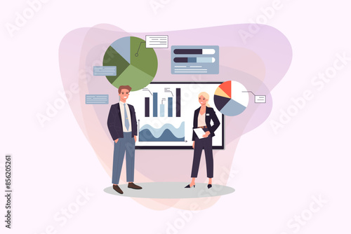 Business people giving presentation vector illustration, Man and woman in formal wear with graphs and diagrams on background. Business, conference, financial reports and analytics concept