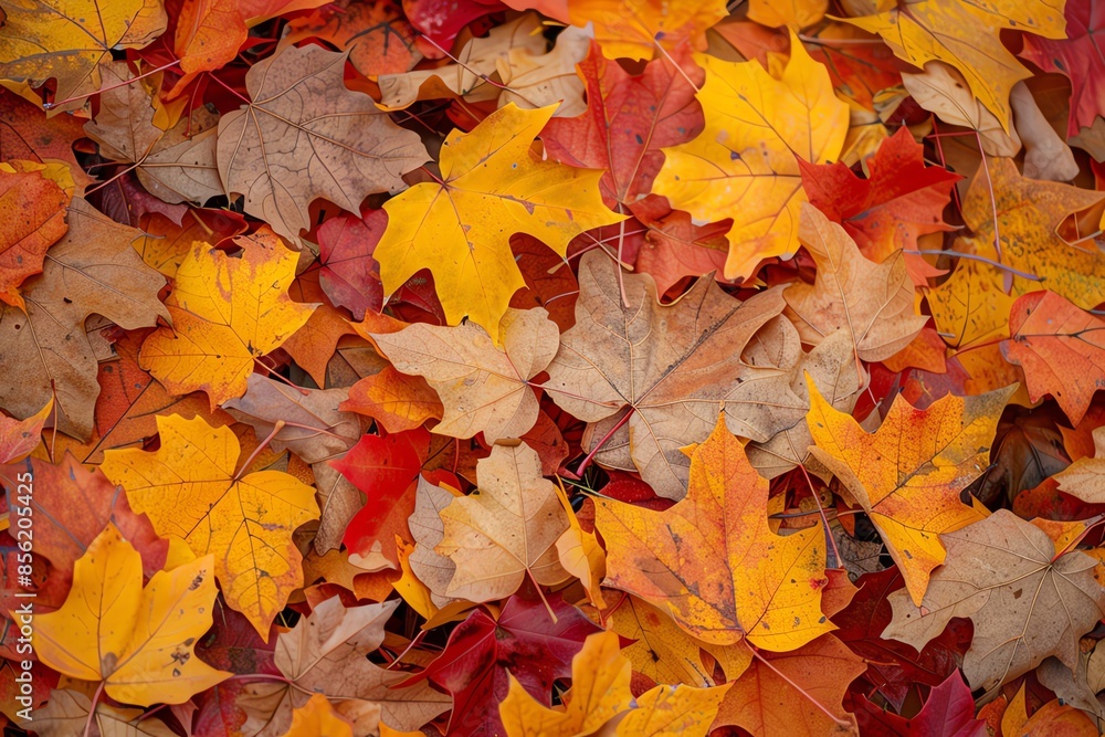Fototapeta premium A vibrant autumnal background of colorful fallen leaves in shades of red, orange, and yellow.