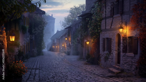 Cobblestone street lined with lanterns glowing softly at twilight, ancient buildings, gentle mist begins to settle over quiet town © Mars0hod