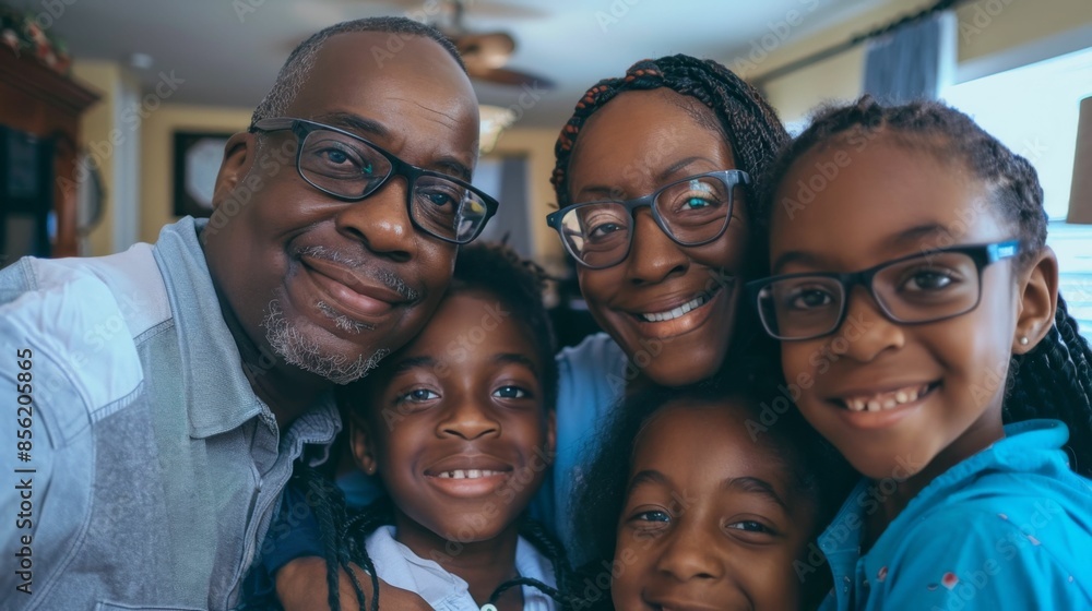 A joyful family moment captured in a selfie with four smiling individuals including two adults and two children all wearing glasses and sharing a warm embrace. A joyful family moment captured in a selfie with four smiling individuals including two adults and two children all wearing glasses and sharing a warm embrace.