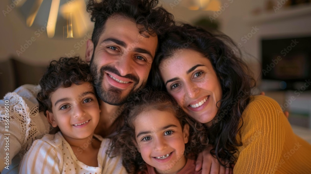 Fototapeta premium A joyful family of four with a man a woman and two young girls sharing a warm embrace and smiling brightly capturing a moment of love and happiness in their cozy living room.