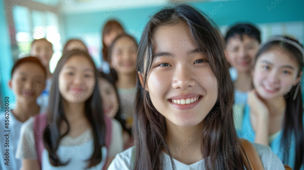 Fototapeta premium A young girl with a radiant smile surrounded by a group of blurred classmates stands confidently in the foreground capturing the viewer's attention.