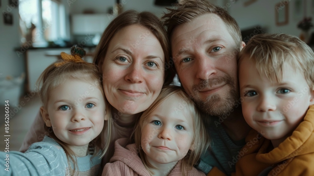A happy family of four posing for a selfie with two smiling children and their parents set in a cozy home environment. A happy family of four posing for a selfie with two smiling children and their parents set in a cozy home environment.