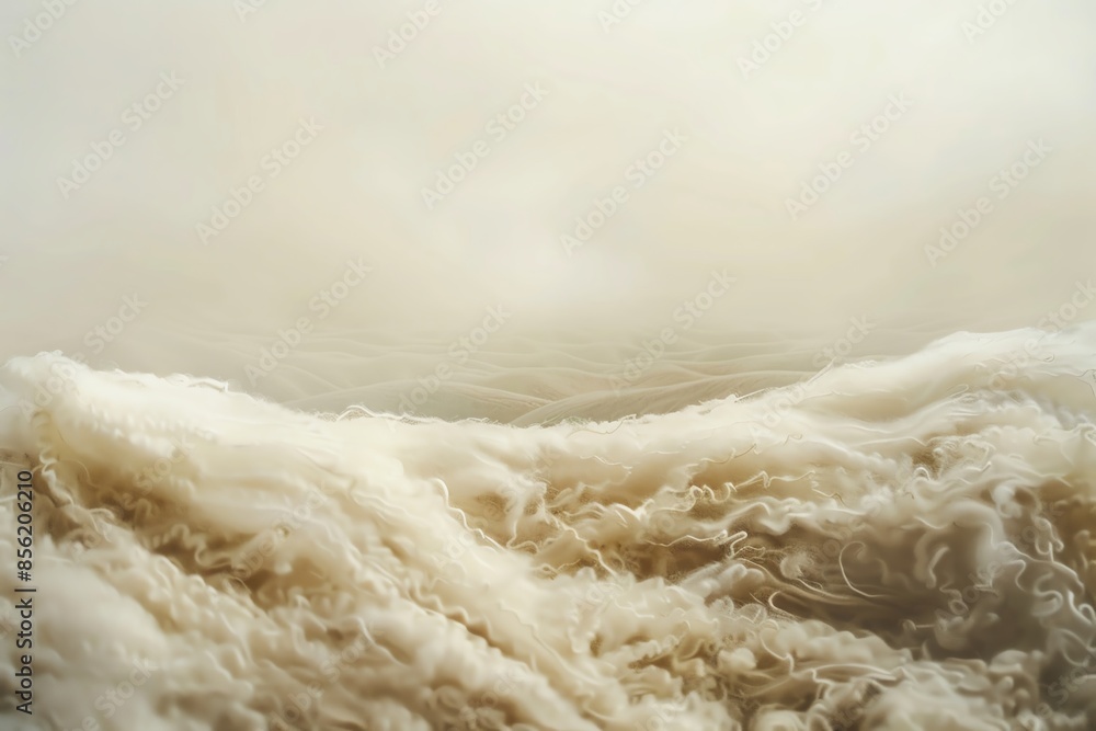 Abstract landscape of soft, fluffy white and beige textures, resembling clouds or a field of cotton.