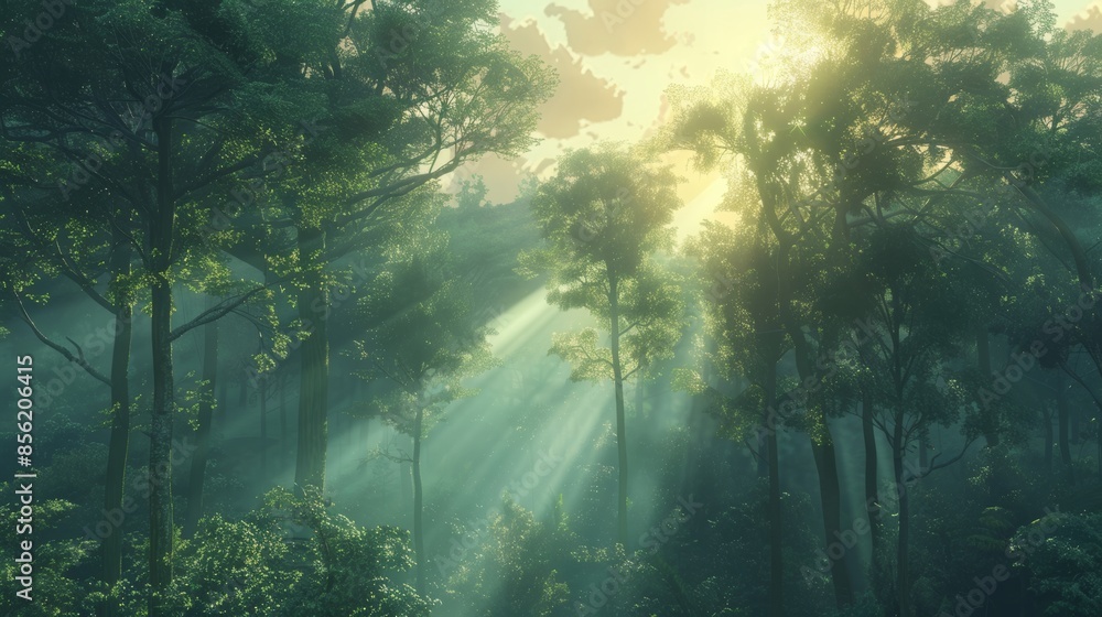 Obraz premium Sunlight streaming through forest trees in the morning