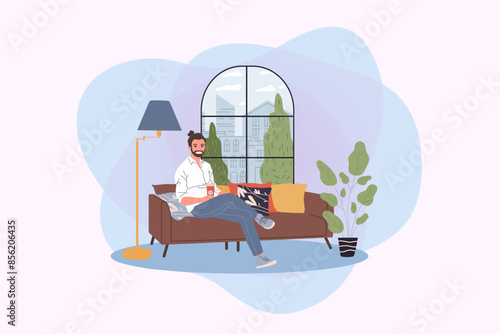 Cheerful man sitting on sofa at home and drinking coffee vector illustration. Modern apartment interior. Leisure, rest, beverage concept