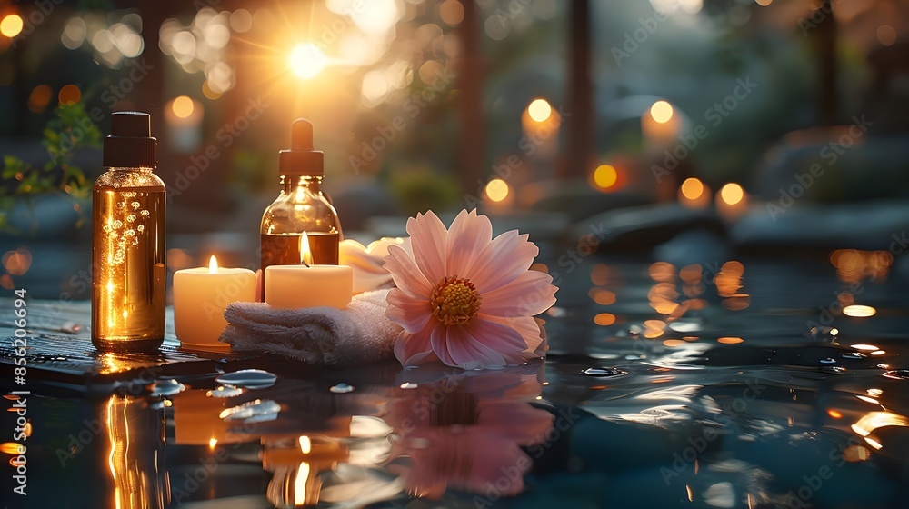 A serene spa setting with candles and oil A serene spa setting with candles and oil