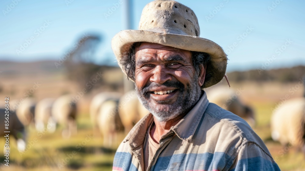 A joyful man in a straw hat with a beard and mustache wearing a striped shirt standing amidst a herd of sheep in a field. A joyful man in a straw hat with a beard and mustache wearing a striped shirt standing amidst a herd of sheep in a field.