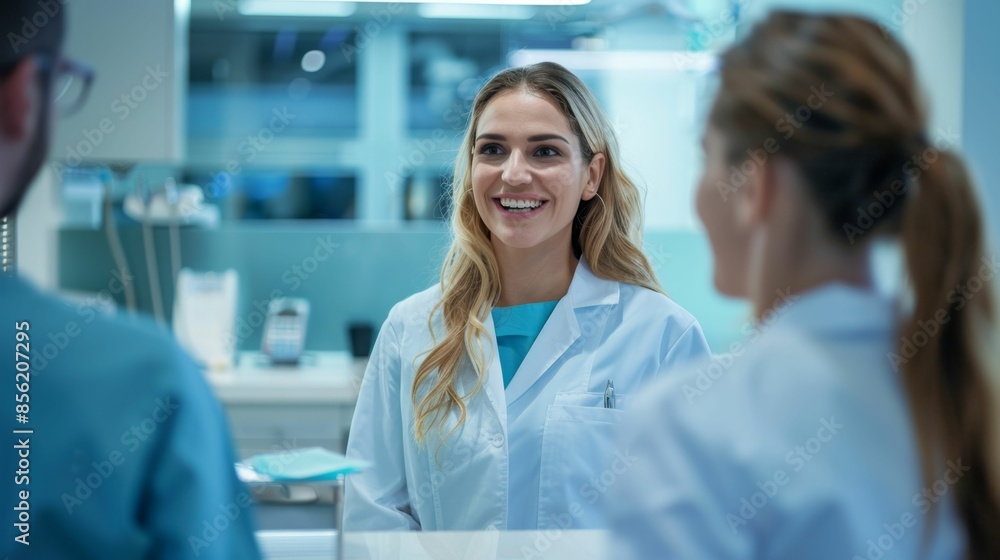 Smiling female medical professional in white coat and blue shirt engaged in conversation with two colleagues in a modern medical office setting. Smiling female medical professional in white coat and blue shirt engaged in conversation with two colleagues in a modern medical office setting.