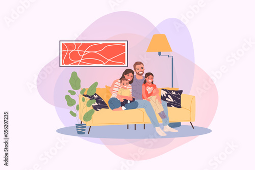 Family with kids at TV vector illustration. Happy man, woman, boy, girl sitting together on couch at home, watching movie. Young couple with children for house interior, entertainment, love concept