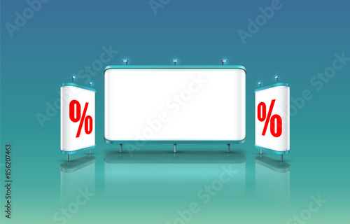 Scene presentations board percent, table white display. Vector illustration