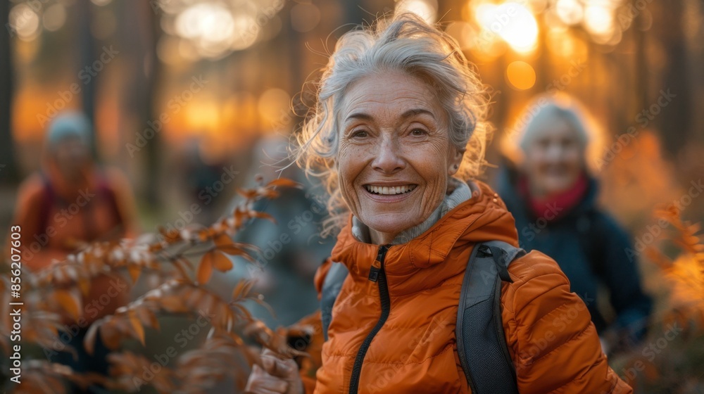 Smiling elderly woman with gray hair wearing an orange jacket and a backpack walking through a forest with autumn foliage. Smiling elderly woman with gray hair wearing an orange jacket and a backpack walking through a forest with autumn foliage.