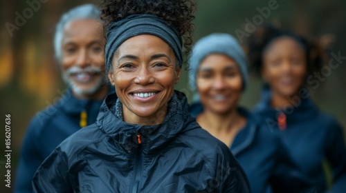A woman with a radiant smile wearing a black jacket and a headband standing in front of a blurred group of people possibly on a hike or outdoor adventure.
