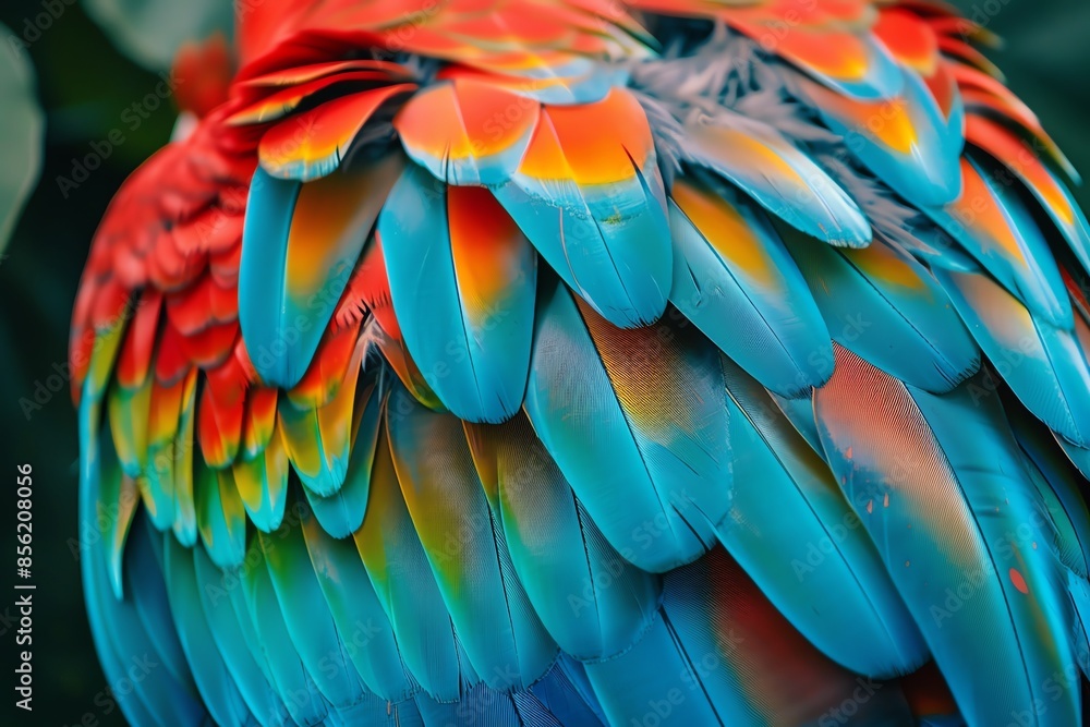 Fototapeta premium Close-up of vibrant blue, red, and yellow feathers on a parrot's wing.