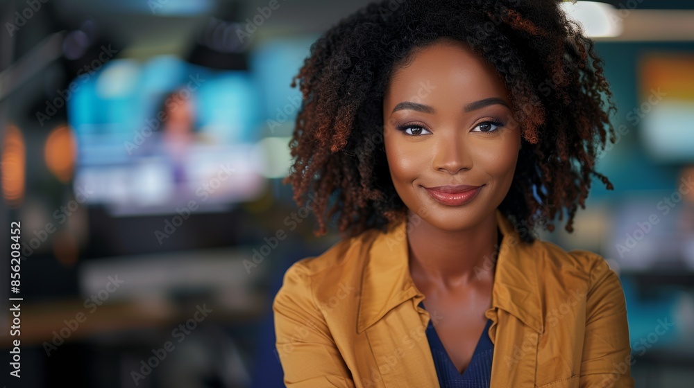 african american woman, 31 years old, news anchor, sitting at news desk african american woman, 31 years old, news anchor, sitting at news desk