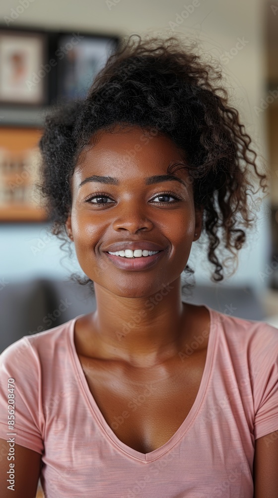a smiling 30 year old black woman wearing a pink shirt and speaking and talking to camera inside her living room. a smiling 30 year old black woman wearing a pink shirt and speaking and talking to camera inside her living room.