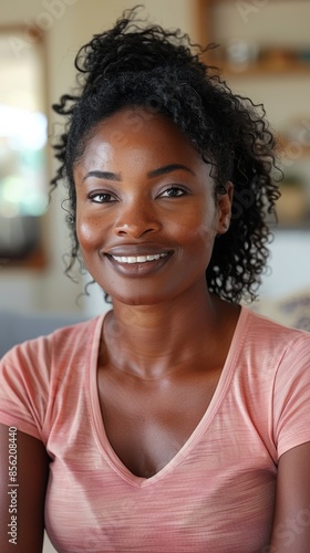  a smiling 30 year old black woman wearing a pink shirt and speaking and talking to camera inside her living room