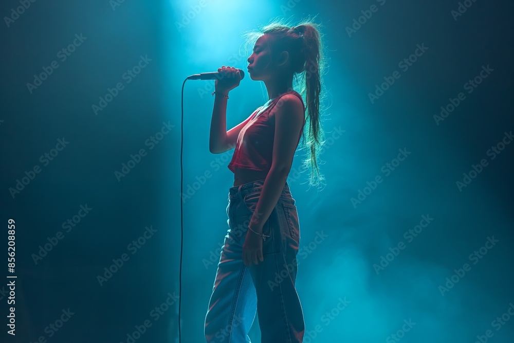 A captivating image of a young girl delivering a heartfelt performance, framed by a soothing blue background light A captivating image of a young girl delivering a heartfelt performance, framed by a soothing blue background light