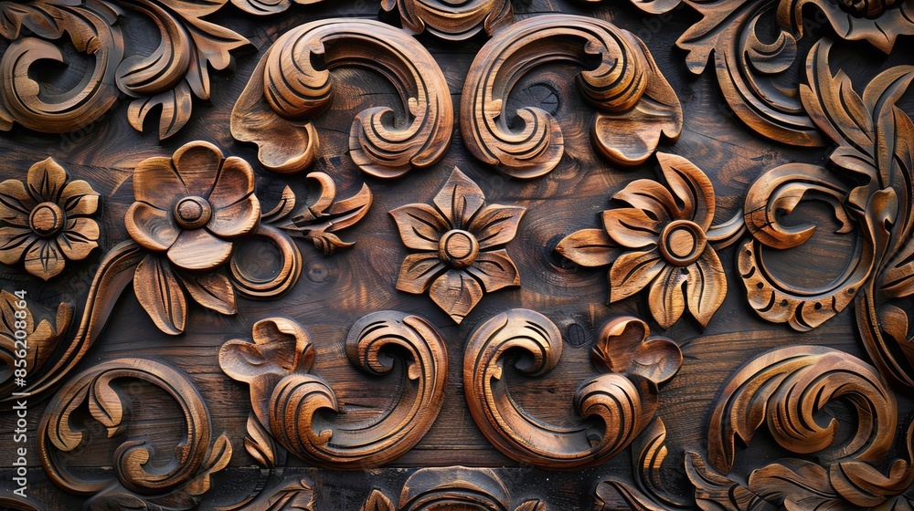 Intricate floral carving on wooden surface. Detailed, ornate, and traditional design. Perfect for backgrounds, textures, and artistic projects. Intricate floral carving on wooden surface. Detailed, ornate, and traditional design. Perfect for backgrounds, textures, and artistic projects.