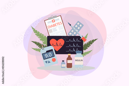 Medicine and equipment for diabetes patients vector illustration. Illness treatment, insulin injection, diabetes control therapy, measuring sugar level with glucometer concept