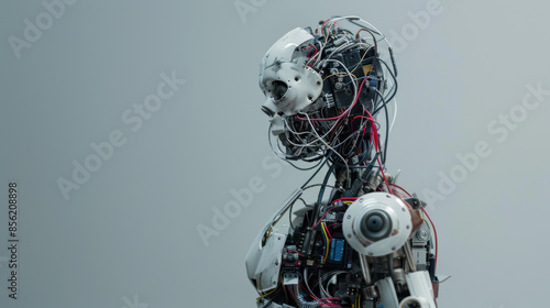 Creepy robot with exposed wires and circuitry, photorealism, copy space, minimalism © Sergei