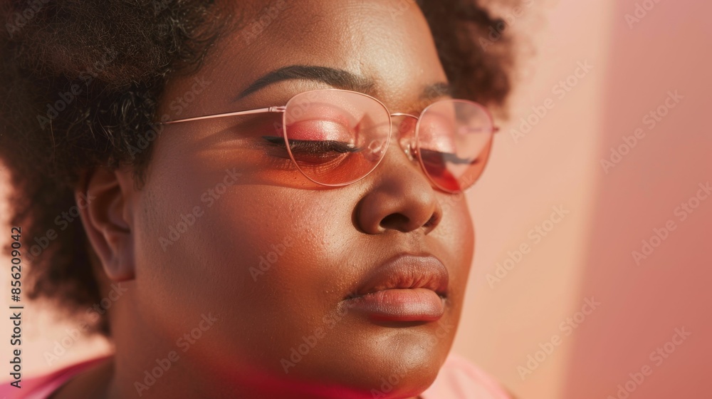 A close-up of a person with a warm soft-focus background wearing round rose-tinted sunglasses and with a gentle closed-eye expression highlighting the beauty of their skin
