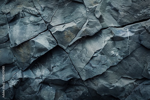 Rough, textured, dark gray rock face with sharp edges and deep crevices.  Abstract natural background. photo