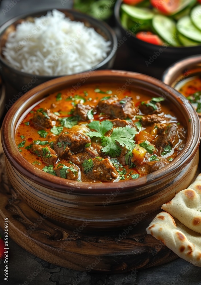a traditional Bangladeshi beef curry, served in a rustic bowl. The curry should be rich and aromatic, with tender beef pieces a traditional Bangladeshi beef curry, served in a rustic bowl. The curry should be rich and aromatic, with tender beef pieces