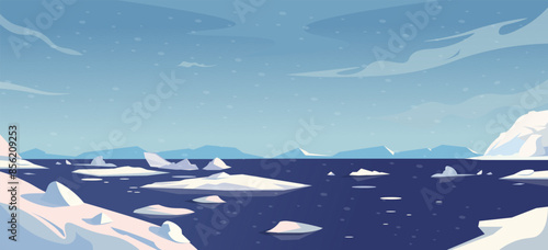 Icebergs floating in the sea with snow-covered mountains in the background. Light blue sky with scattered clouds. Concept of a cold, polar region. Vector illustration