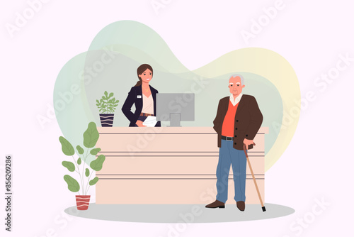 Office reception vector illustration. Senior man talking to female receptionist at counter in hallway. Hotel guest consulting manager behind desk in lobby