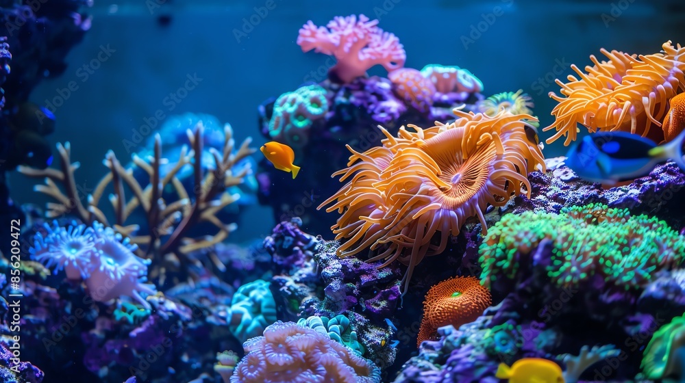 Obraz premium Vibrant coral reef teeming with life, showcasing colorful fish and diverse marine flora.