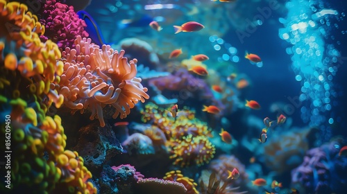 Vibrant coral reef teeming with colorful fish in a deep blue ocean. photo