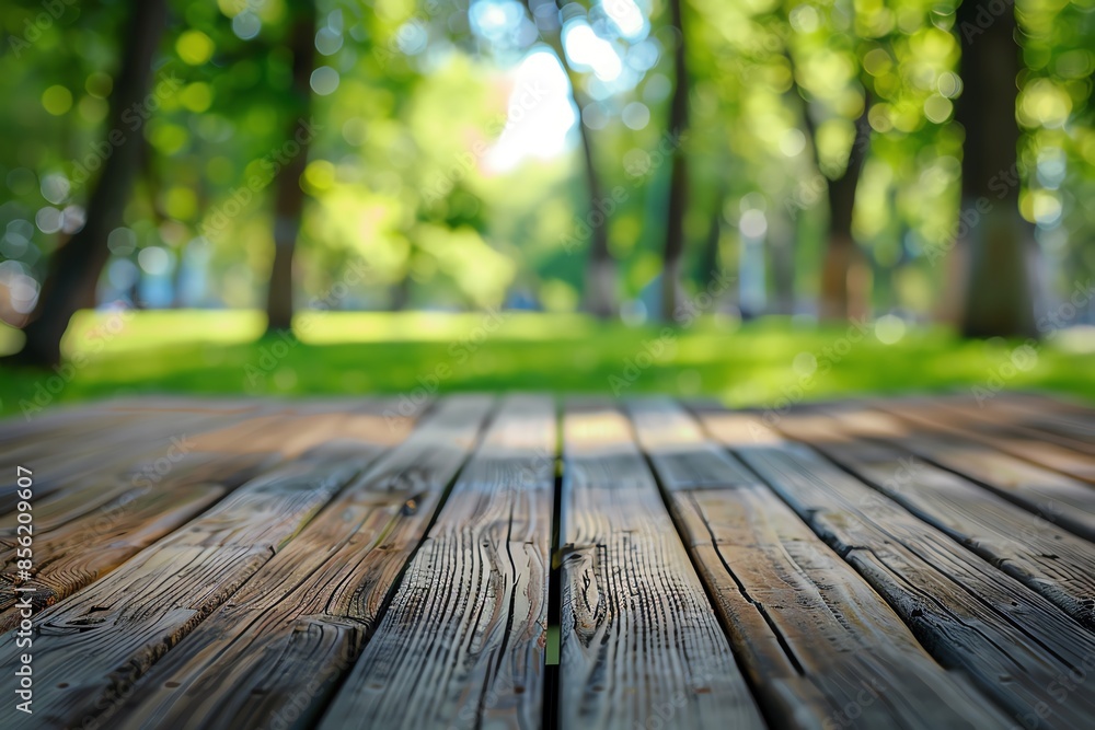 Wooden planks in the foreground with a blurred background of a lush green park. Wooden planks in the foreground with a blurred background of a lush green park.