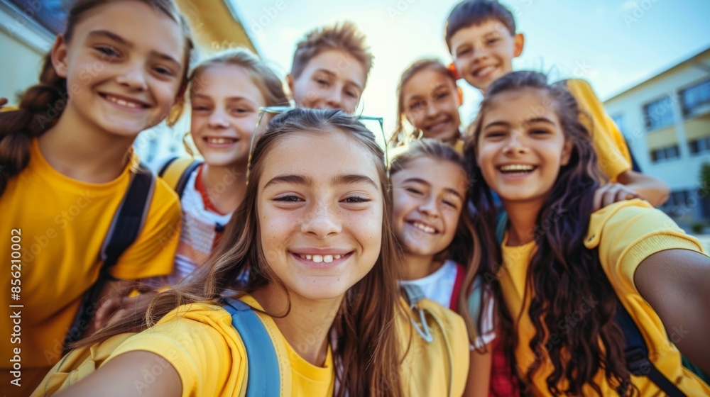 Obraz premium A group of happy children wearing yellow shirts smiling for a selfie with a blurred background.