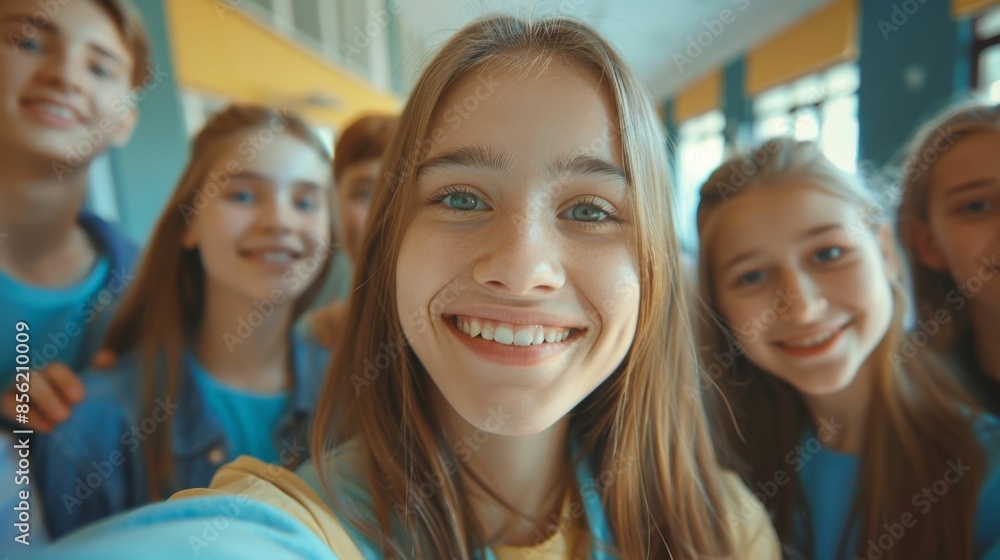 Smiling young girl with blue eyes and brown hair taking a selfie with friends in the background. Smiling young girl with blue eyes and brown hair taking a selfie with friends in the background.