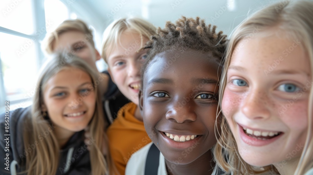 A group of five children with different hair colors and styles smiling and posing together for a photo. A group of five children with different hair colors and styles smiling and posing together for a photo.