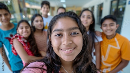 A group of young people posing for a selfie smiling and looking directly at the camera with a blurred background suggesting an indoor setting.