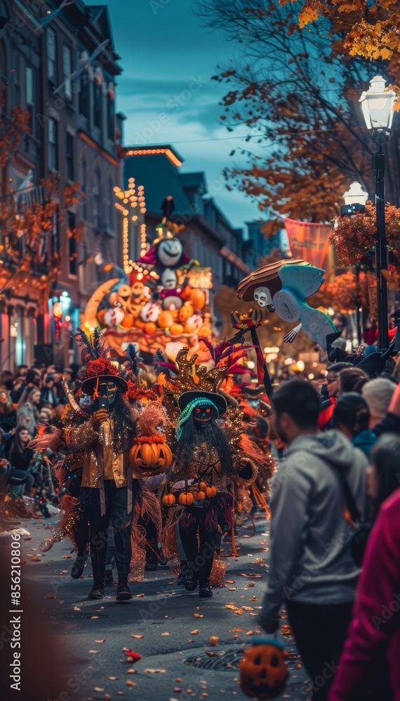 Naklejka premium Colorful Halloween Street Parade with Festive Costumes and Jack-o'-Lanterns, Perfect for Seasonal Celebrations