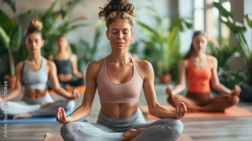 A woman in a pink sports bra and gray leggings meditates with closed eyes surrounded by three other women in a yoga studio with potted plants. A woman in a pink sports bra and gray leggings meditates with closed eyes surrounded by three other women in a yoga studio with potted plants.