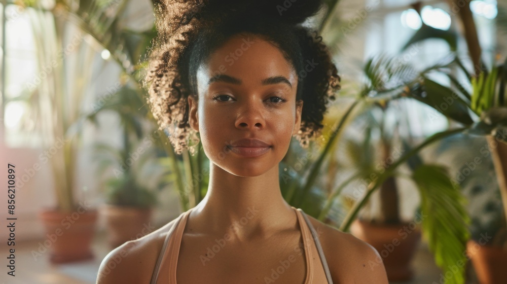 A woman with curly hair wearing a pink tank top standing in a room filled with potted plants with a soft natural light illuminating her face. A woman with curly hair wearing a pink tank top standing in a room filled with potted plants with a soft natural light illuminating her face.