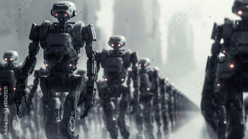Menacing robot army marching towards destruction, photorealism, copy space, minimalism