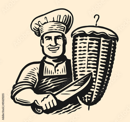 Chef with knife and skewer of meat shawarma. Street fast food, kebab emblem or logo. Vector illustration