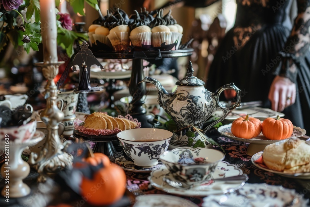 Fototapeta premium Vintage Halloween Tea Party with Elegant Decor and Festive Treats for a Spooky Celebration