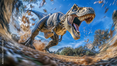 Tyrannosaurus Rex roars with its mouth wide open in lush, sunlit forest. Dinosaur T-Rex is facing camera and its teeth are visible
