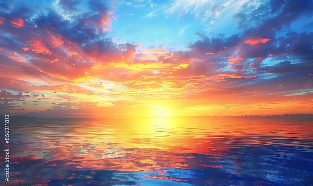A stunning sunset with vivid blue, orange, and yellow colors blending seamlessly across the sky, evoking a sense of peace and wonder A stunning sunset with vivid blue, orange, and yellow colors blending seamlessly across the sky, evoking a sense of peace and wonder