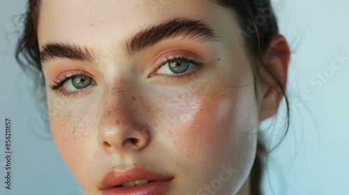 Close-up of a woman with freckles green eyes and a soft blush showcasing her natural beauty and a hint of makeup.